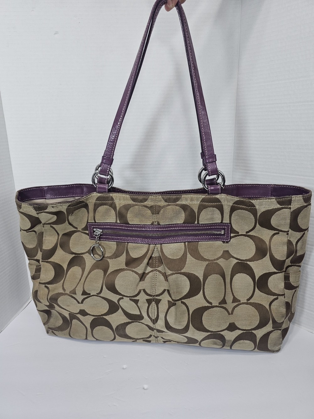 Coach Gabby Signature XL Carryall Tote Bag Purple Leather Trim F14863 Classic
